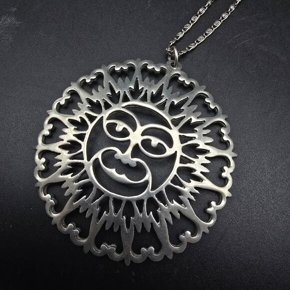 Reed and Barton Pewter Aztec Sun Face Necklace Pendant - Picture 1 of 8